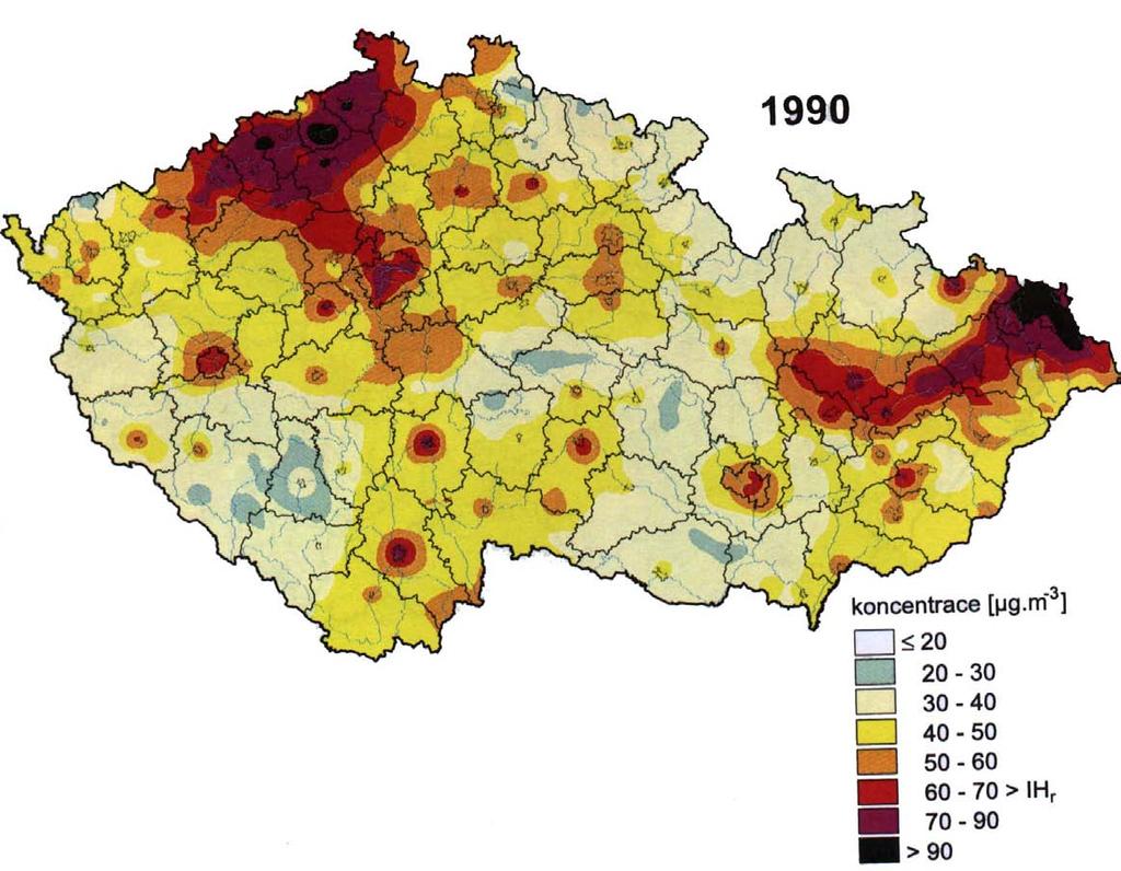 KONCENTRACE PRAŠNÉHO AEROSOLU (1990) Pole ročních aritmetických průměrů