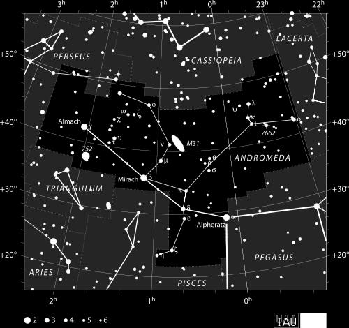 Espenak Objekt: M Souhvězdí: Trojúhelník (mapa ) Typ objektu: spirální galaxie Hvězdná velikost:, mag Popis: Tato spirální galaxie nacházející se v souhvězdí Trojúhelníku, je třetí největší galaxií