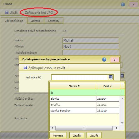 Modul Lidé Služby Další možnosti práce s osobami Obrázek 26: zpřístupnění osoby Michala Nového pro novou JSDH Sestava kontaktů vytiskne všechny členy v jednotce bez rozlišení jejich platnosti.