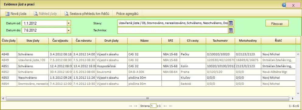 Modul Strojní služba Evidence jízd a prací Obrázek 51: přehled jízd TIP pokud v seznamu Evidence jízd a prací není zobrazen záznam, který jsme již vytvořili, ověřme nastavení filtru na stav jízd a