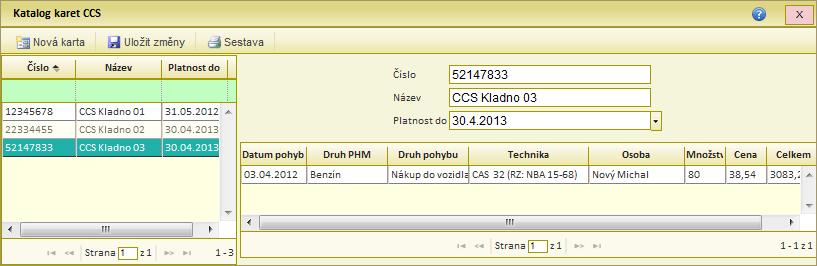 Modul Strojní služba Katalog karet CCS Katalog karet ale zobrazuje i provedené platby vybranou kartou, s uvedením data nákupu, druhu PHM, druhem pohybu (nákup do vozidla nebo skladu), v rámci jaké