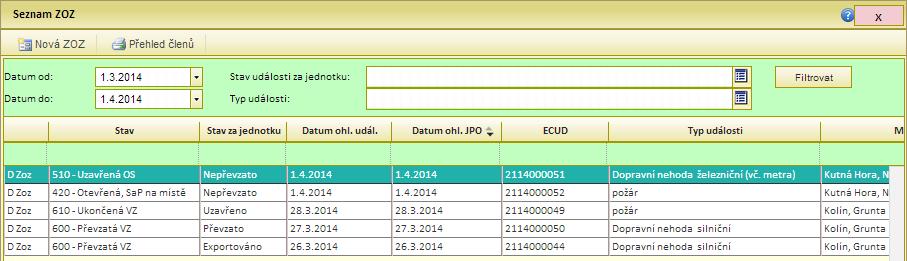 Modul Zpráva o zásahu (ZOZ) Seznam ZOZ nastavení rozsahu nebo uvedení počátečního a/nebo koncového data vzniku události (odpovídá polím Datum od Datum do) volba jednoho/více stavu(ů) události za