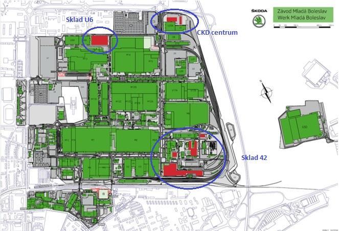 Obrázek 24 Mapa závodu ŠKODA AUTO Mladá Boleslav s vyznačenými sklady prázdných obalů (ŠKODA AUTO, 2016; upraveno autorem) Bezpilotní letoun je navržen do celého areálu ŠKODA AUTO zobrazeného na