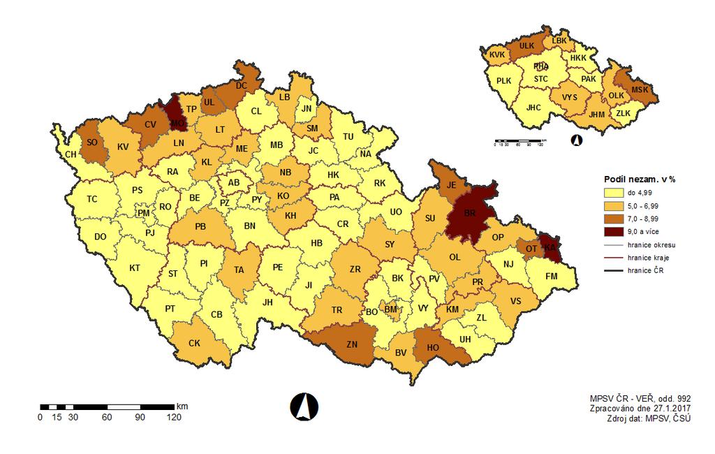 PODÍL NEZAMĚSTNANÝCH OSOB v okresech a