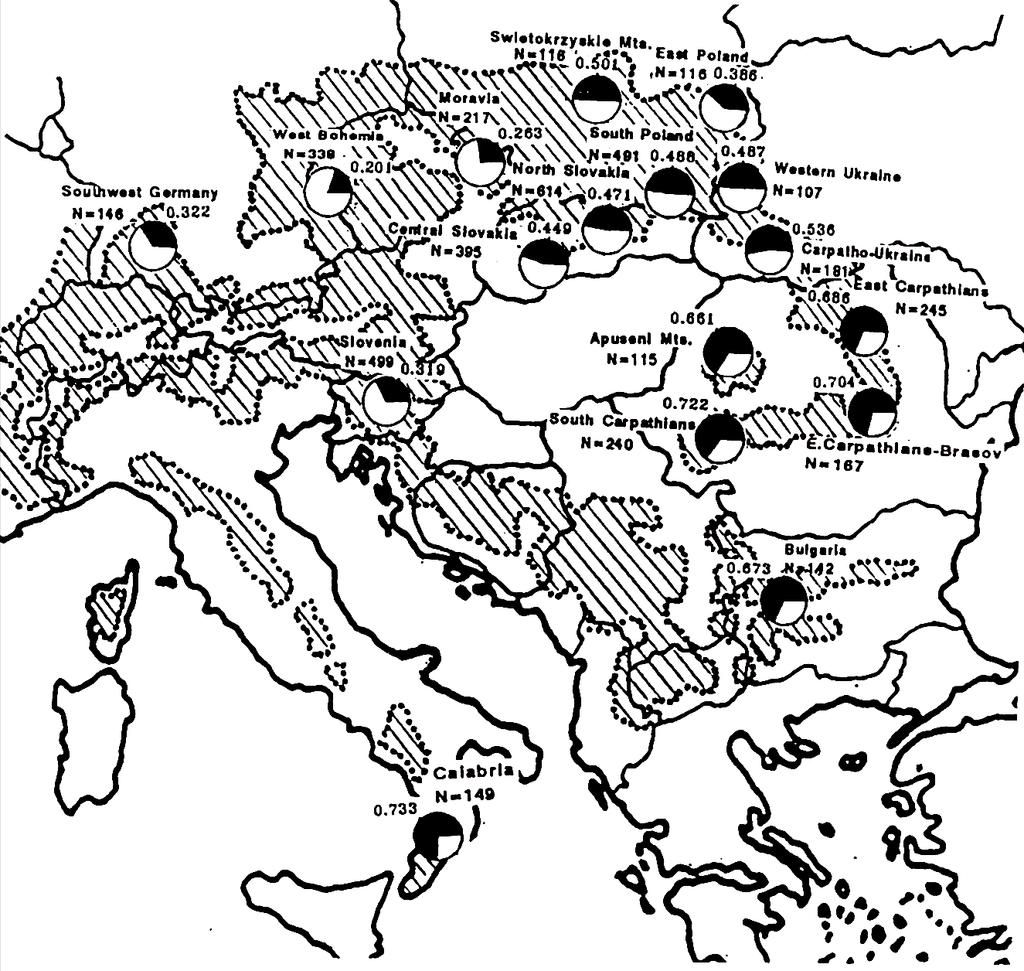 Klinální (plynule se měnící) variabilita distribuce jedné nebo více alel nalezena v 8