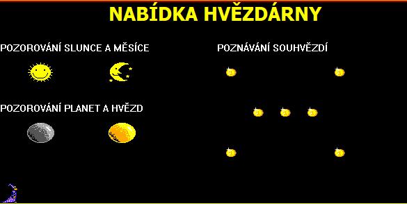 Na obrazovce se objeví scéna podle obrázku: nadpis PRAHA MĚSTO ASTRONOMIE (typ písma Tahoma, tučné, velikost 20, barva žlutá), program čeká 500 milisekund.