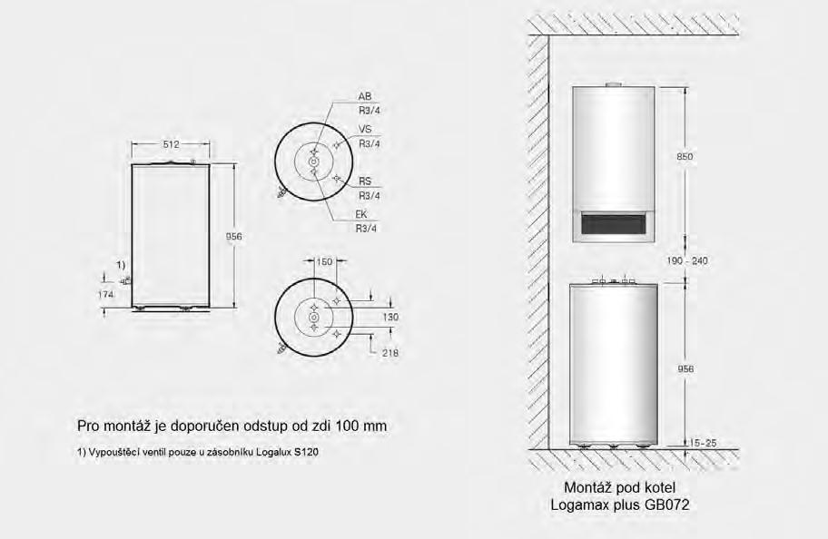 Logamax plus GB072 s Logalux S120 S120 S120/5 S120/2 Objem l 120 Objem topné vody l 5 Hmotnost netto kg 72 72 52 Maximální provozní tlak zásobníku TV strana topné vody bar 6 strana teplé vody bar 10