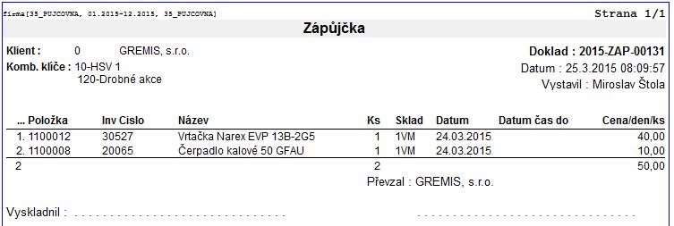 14 Modul Půjčovna U položek lze dále upravit údaj datum Dat do, pokud zůstane prázdné, nelze vypočítat celkovou cenu zápůjčky, k tomu dojde až při vytvoření dokladu Vratka.