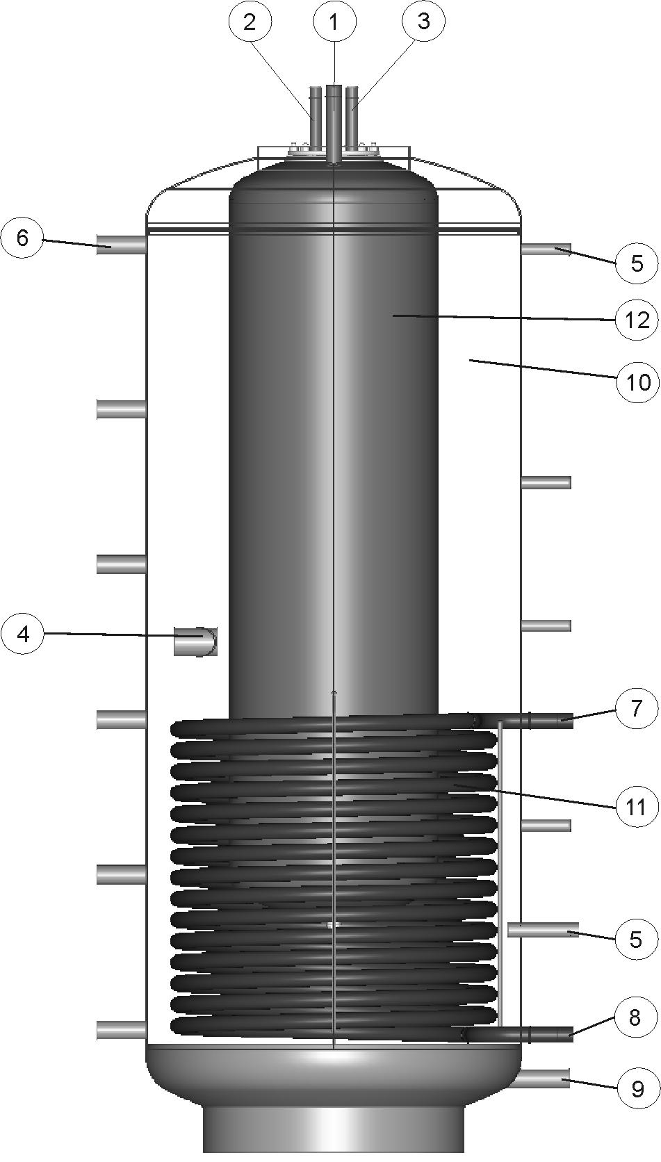 5 TECHNICKÝ POPIS 1. Výstup topné vody G1" 2. Výstup teplé vody G3/4" 3. Vstup studené vody G3/4" 4. Nátrubek pro přídavné topné těleso TJ 6/4" s prodlouženou chladící částí - 2x 5.