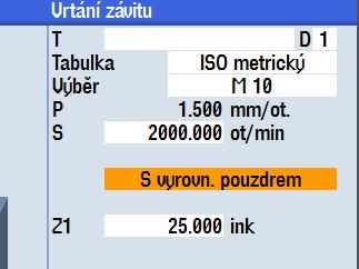 otáčky vřetena S nastavujeme hloubku závitu Z1 Bez