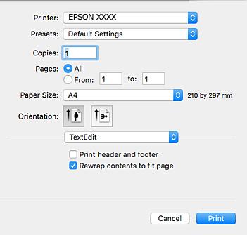 Informace o síťových službách a softwaru Průvodce ovladačem tiskárny v systému Mac OS Dialogové okno tisku Přepnutím místní nabídky na střed obrazovky zobrazíte další položky.