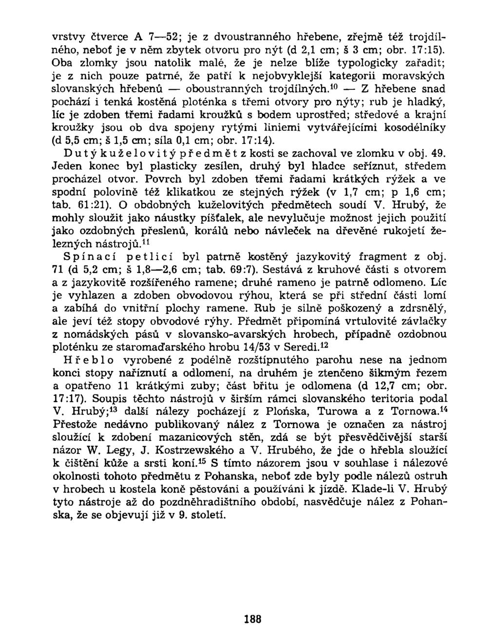 vrstvy čtverce A 7 52; je z dvoustranného hřebene, zřejmě též trojdílného, neboť je v něm zbytek otvoru pro nýt (d 2,1 cm; š 3 cm; obr. 17:15).