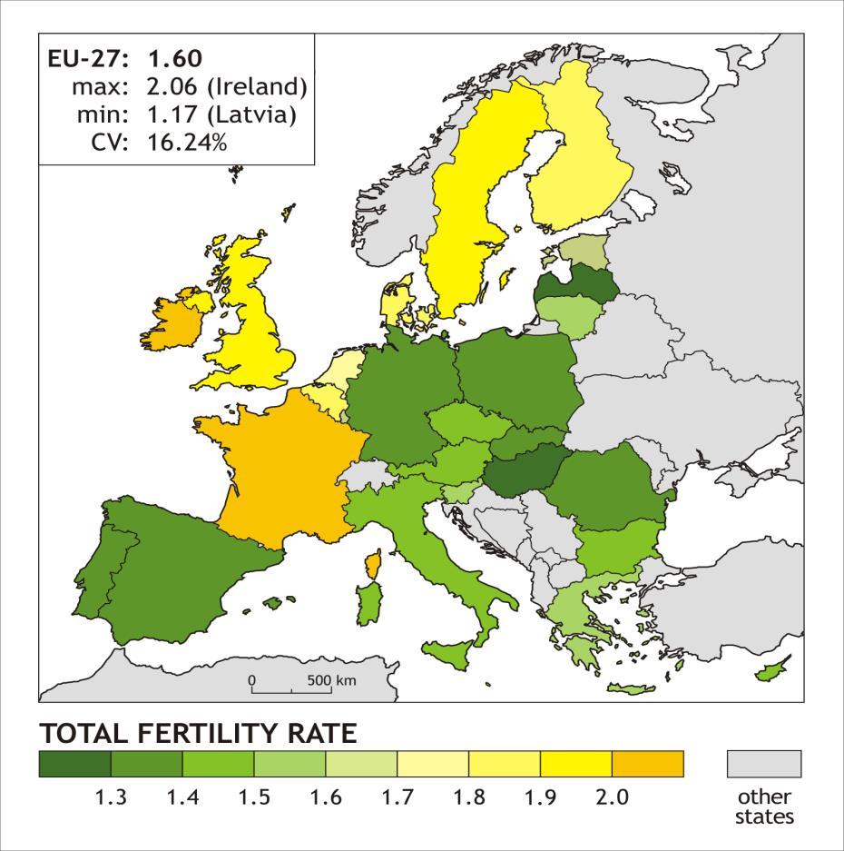 Pokles plodnosti pod úroveň prosté reprodukce Úhrnná plodnost (průměrný počet živě narozených dětí na 1 ženu) Regionální diferenciace států EU-27 podle úhrnné plodnosti v roce 2010 Teoretické