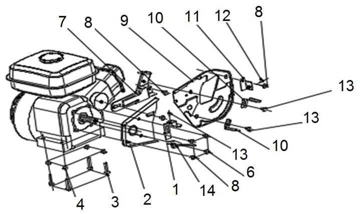 1 796000047 Vodítko řemenu Belt guide plate 2 796000048 Deska řemenového převodu přední Belt transmission front board 3 MF-08*35 Šroub M8x35 Bolt M8x35 4 M-08 Matice M8 Nut M8 6 MF-08*16 Šroub M8x16