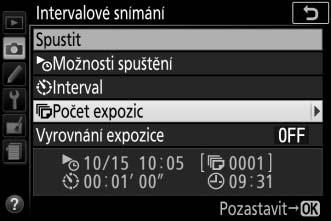 Výběr počtu intervalů: Vyberte položku Počet expozic a stiskněte tlačítko 2. Vyberte počet intervalů a stiskněte tlačítko J.