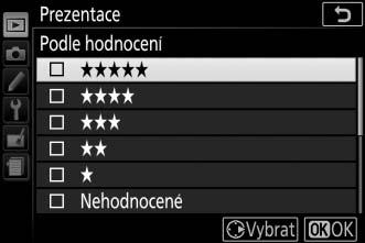 , Pouze statické snímky, Pouze videosekvence a Podle hodnocení.