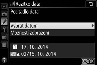 Počítadlo data Snímky pořízené v době, kdy je aktivní tato možnost, mají vkopírován počet dnů zbývajících do budoucího data nebo počet dnů uplynulých od minulého data.