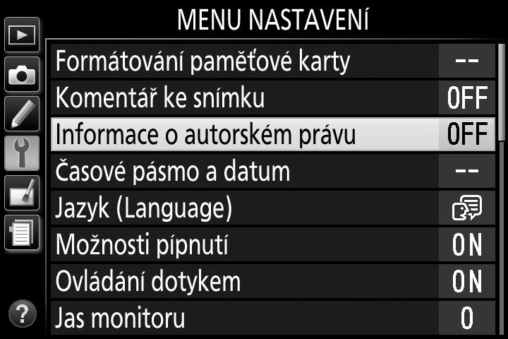 Menu fotoaparátu: Přehled K většině volitelných možností pro fotografování, přehrávání a nastavení lze přistupovat prostřednictvím menu fotoaparátu. Chcete-li zobrazit menu, stiskněte tlačítko G.