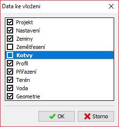 Dialogové okno Úpravy Kopírovat data Následně v programu Pažení posudek klikneme na horní liště na tlačítko Úpravy a vybereme možnost Vložit data.