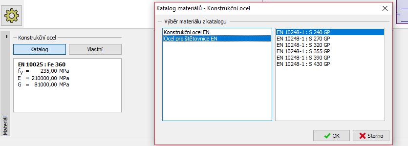 V rámu Materiál poté vybereme z katalogu příslušnou konstrukční ocel pro