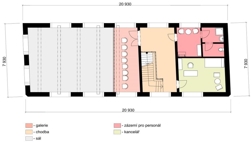 Řešení společenského sálu Dispozici bývalého administrativního objektu jsem navrhl jako sál procházející oběma patry se zázemím v podobě toalet, malého koutku s občerstvením a skladem v prvním patře