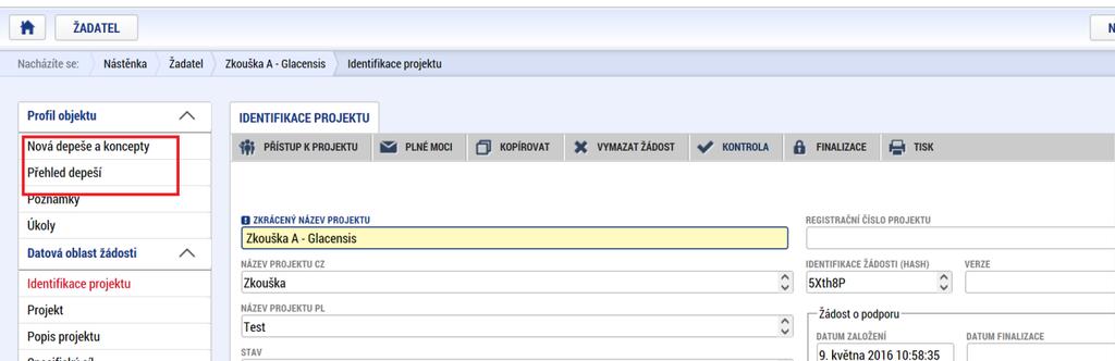 V rámci vybraného projektu následně kliknete na tlačítko Nová depeše a otevře se formulář pro zprávu.