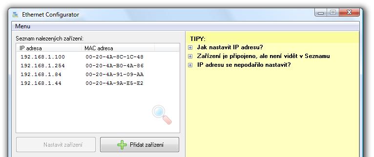 255.255.0), kterou má z výroby nastaveno zařízení, nastavte mu adresu vhodnou pro Vaši síť programem Ethernet configurator. Tento software je ke stažení na webu. obr.