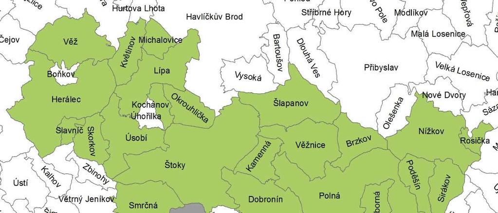 3 HISTORIE A POPIS ÚZEMÍ MAS Českomoravské pomezí o.p.s. byla založena 9. 7. 2007 devíti zakladateli na katastrálním území 22 obcí Mikroregionu Polensko.