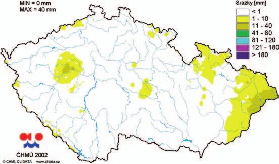 Výsledky zpracování ilustrují mapy rozložení úhrnů srážek na území České republiky v období od 6. do 15.