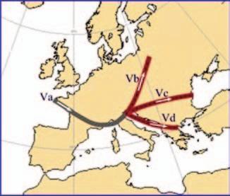 1 METEOROLOGICKÉ PŘÍČINY POVODŇOVÉ KATASTROFY V SRPNU 2002 Obr. 1.1. Postup tlakových níží po typizované dráze V, které přinášejí významné úhrny srážek do střední Evropy Obr. 1.2. Postup středu tlakové níže v průběhu první vlny srážek Obr.
