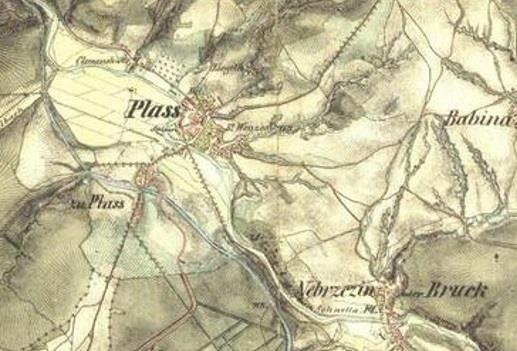 Obrázek č. 13: oblast Plas a Nebřezin před povodní zdroj:mapy.