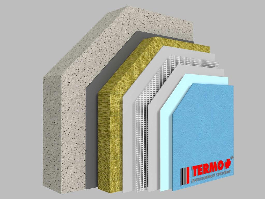 C.2.7. Termo+Mineral Eko (s ETA) 1. Podkladní konstrukce 2. Lepicí hmota - Talířová hmoždinka 3. Izolační deska / lamela z minerálních vláken 4. Základní vrstva 5. Výztužná síťovina 6.