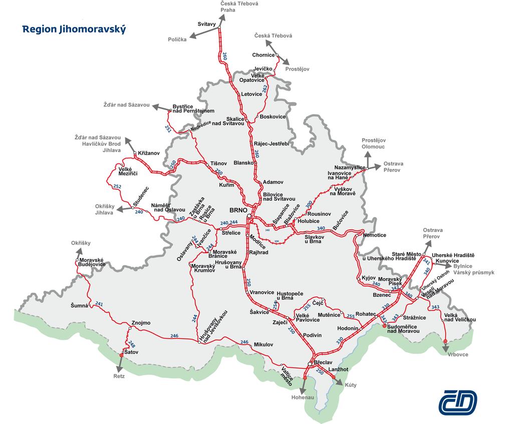Železniční síť Jihomoravského kraje Celková délka 700 km dvoukolejné
