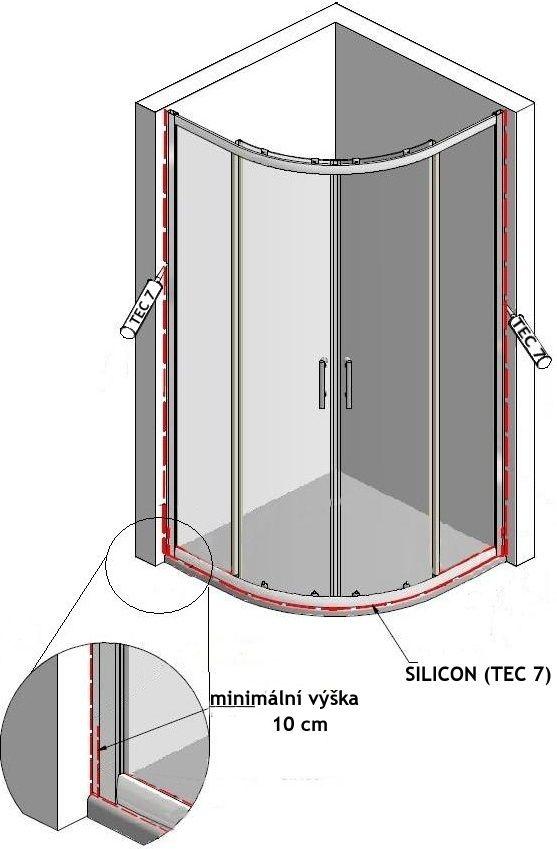 Utěsnění sprchového koutu Po seřízení, ustavení koutu a po zapojení do odtoku, kout zasilikonujte. K zasilikonování použijte kvalitní protiplísňový silikon popř. tmel.