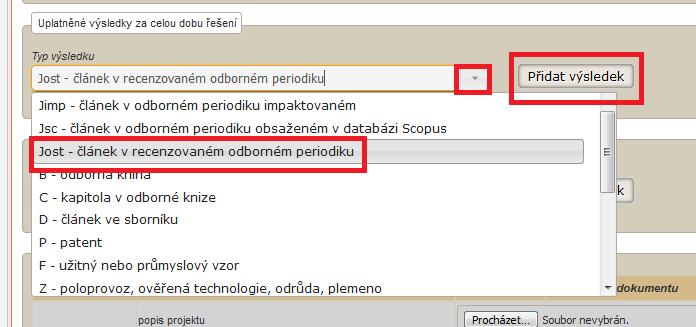 Řešitel či jím pověřená osoba na kartě Detail vyplní všechny uplatněné a neuplatněné výsledky - VYPLŇUJÍ SE VŠECHNY VÝSLEDKY ZA CELOUDOBU ŘEŠENÍ PROJEKTU!