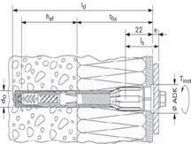 187 Systém distanční montáže Thermax 8/10 Ø vrtáku hloubka vrtané díry užitná hloubka ukotvení Ø krytky velikost klíče použitelné rozměry vrutů d o h 0 t fix h ef SW a šroubů Thermax 8/60 M6 45685 10