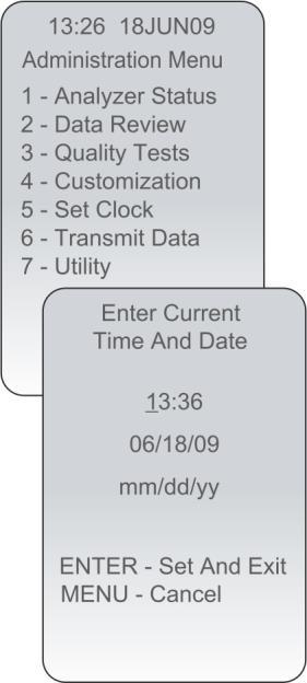 Kontrola/ změna času: 1. Stiskněte On/Off k nastartování analyzátoru. 2. Stiskněte MENU pro přehled poskytování dat. 3. Stiskněte 5 Set Clock (nastavení hodin). 4.