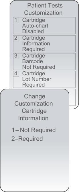 Stiskněte: 2 to change setting to Reguired, změna nastavení je požadována. 9. Stiskněte 4 (Cartrige Lot Number), zadejte číslo zásobníku nebo ho naskenujte. 10.