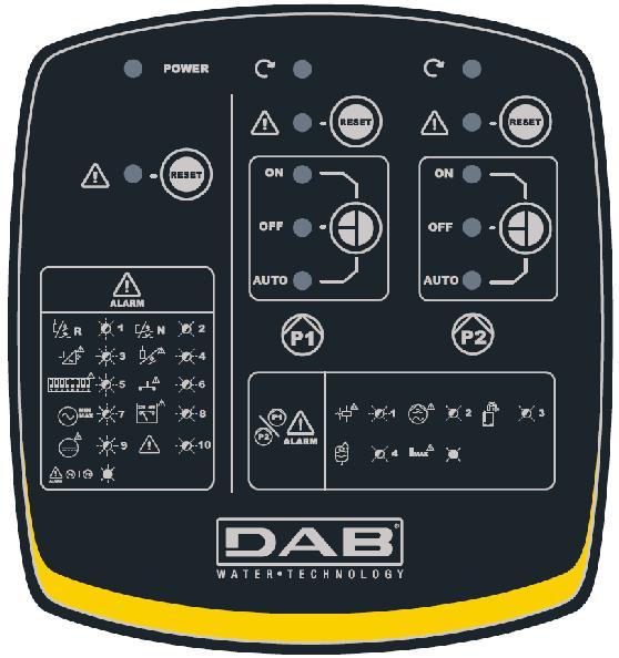 Červená led alarmu čerpadla vedle níž je umístěno tlačítko reset. Počet zablikání signalizuje typ chyby, jak ukazuje tabulka na štítku.