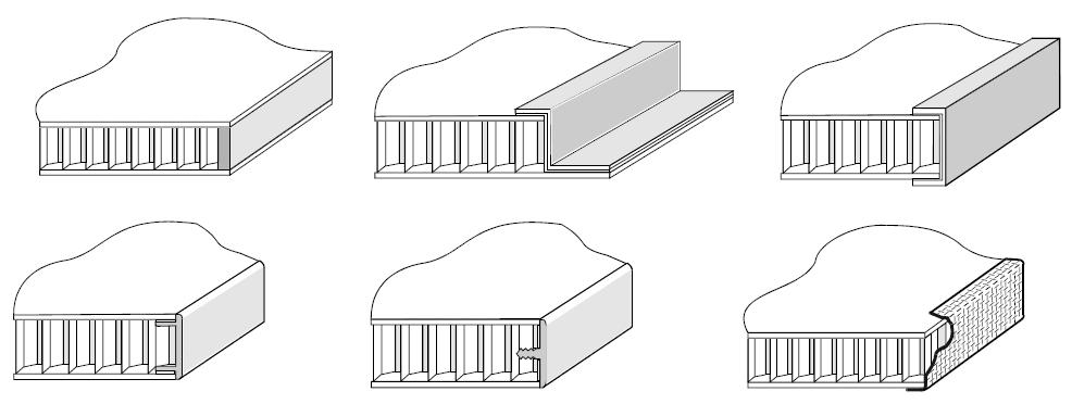 5. Typické konstrukční detaily Konce sendviče se v praxi většinou nenechávají otevřené, protože by zde mohlo snadno dojít k mechanickému poškození a pronikání vlhkosti dovnitř jádra. Obr.