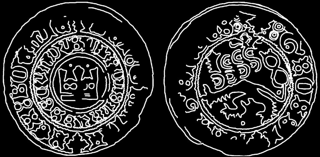 2,72 g; 27,8/28,1 mm (soukromá sbírka) Mince č. 3 odpovídá variantám Hásková (1971, 45 46) XXIV.d g, jež v rozdělovacím rubním znaménku používají kroužky bez či s různě uspořádanými tečkami.