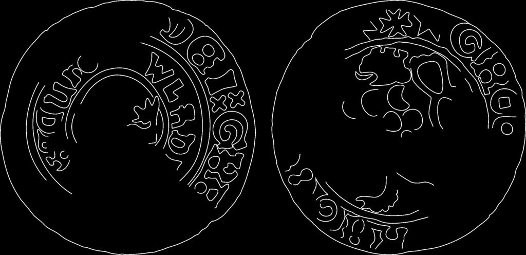 Patrné zbytky obrazu koruny ve dvou opisových kruzích na aversu, dvouocasý lev s jedním opisovým kruhem na reversu a dochovaná torza opisů umožňují minci opět jednoznačně identifikovat jako pražský