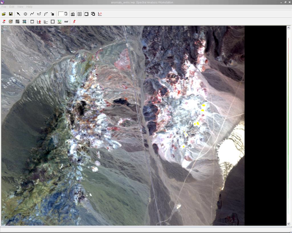 Obr. 2. málie lokalizované v analyzovaném snímku (žlutá barva). Na anomálie dále mohla být provedena identifikace materiálu. Byl vybrán největší shluk pixelů.