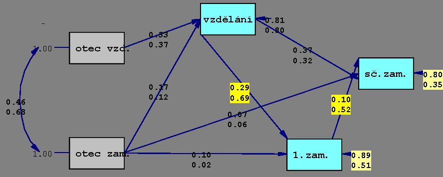 Základní stratifikační model 1993 a 2009 muži a ženy ve věku 26-70 let 1993 (SSVE) 2009 (ISSP) 1.00 otec vzd. 0.33 0.37 vzdělání 0.81 0.80 0.37 0.32 0.46 0.68 0.17 0.12 0.29 0.69 0.07 0.06 0.