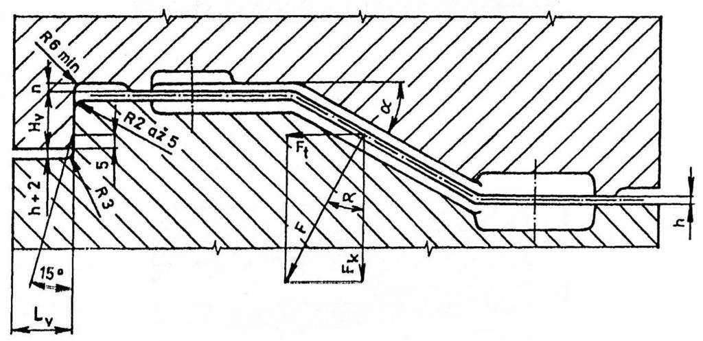 Kde: S v [cm 2 ] je průmět plochy výkovku do dělící roviny, H D [mm] je výška dutiny spodní zápustky. Poloměr nesmí přesáhnou hodnoty 3 až 5 mm, v závislosti na tvářecí síle lisu.