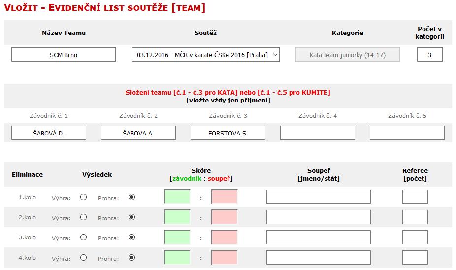 Po potvrzení se zobrazí podobný systém jako je tomu u individuálních kategoriích. Věnujte pouze pozornost názvu teamu a složení teamu.