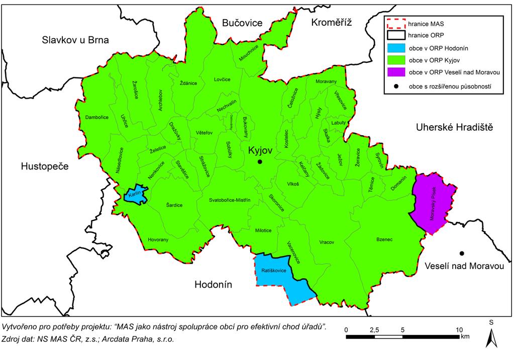 Obrázek: MAPA ORP Kyjov Téměř všechny obce na území DSO disponují pouze jednou částí obce a zabírají jedno katastrální území. Stavební úřad se nachází v obcích Bzenec, Kyjov, Vracov a Ždánice.