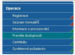 V levém uživatelském panelu jsou k dispozici základní nabídky: Registrace, Seznam formulářů, Informace o provozování,