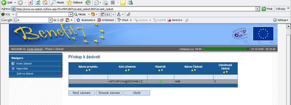 Nápověda - kdykoli v průběhu vyplňování projektové žádosti může uživatel kliknout na odkaz Nápověda.