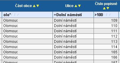 Řazení záznamů pomocí šipek v každém sloupci.